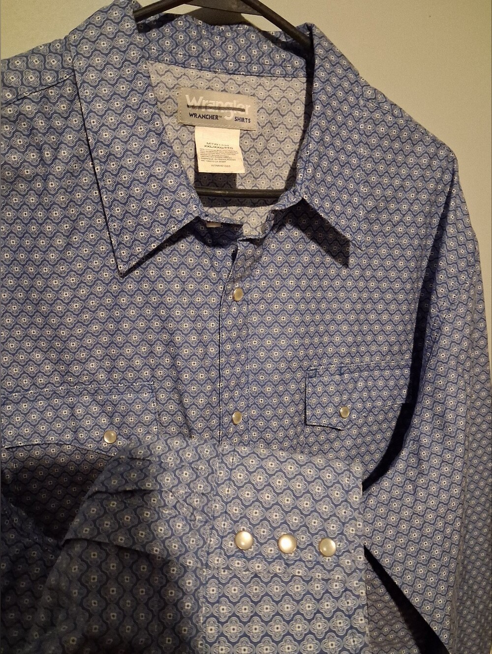 Wrangler Wrancher Western Shirt XXL Blue Pearl Snap Long Sleeve Cowboy Rodeo